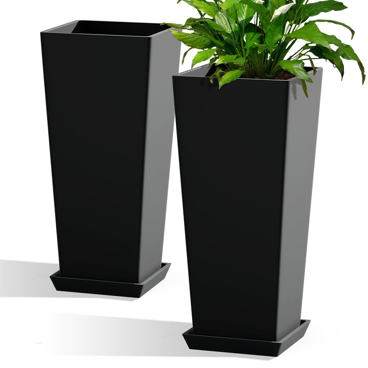 Lenoris 24'' H Large Tall Planters with Saucers, Set of 2 Large Floor Planters for Indoor Outdoor Use, Modern Tall Plant Pots for Patio, Porch, Balcony, Entryway Decor, Black (Set of 2)