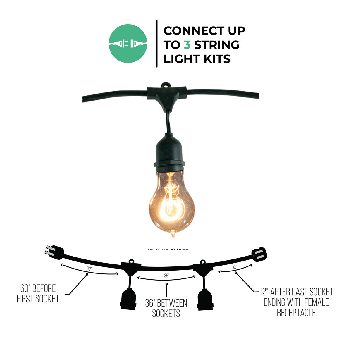 Outdoor String Light Set 48 Ft with 15 Nostalgic A19 Incandescent Bulbs and E26 Sockets